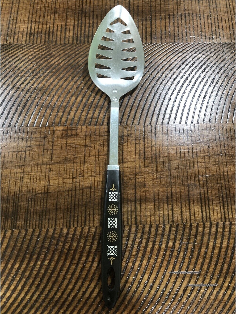Vintage Androck Slotted Spoon Mid Century Modern Starburst Black Gold Handle USA